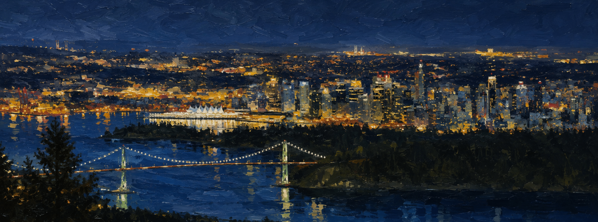 Vancouver skyline at night from the North Shore, painted